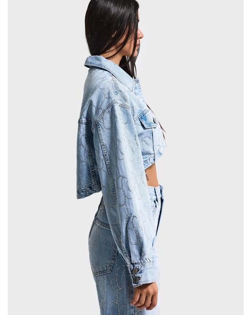 its basic Blue Its Basic Weste Rhinestone Cropped Denim Jacket