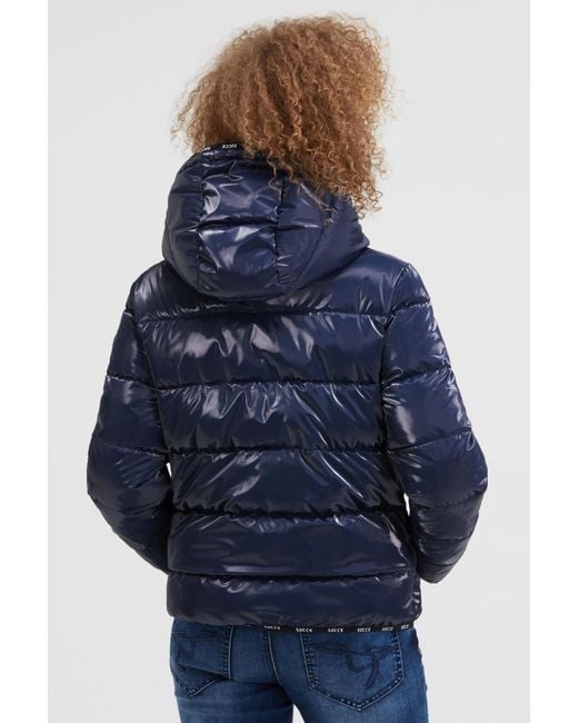 SOCCX Blue Glänzende Steppjacke Mit Kapuze Und Logo-Bändern