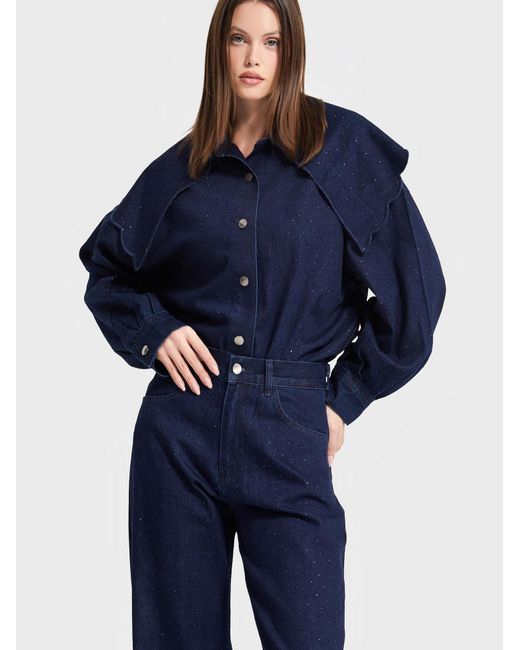 its basic Blue Its Basic Oversizeshirt Oversized Rhinestone Denim Shirt