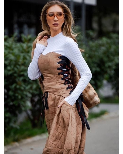 Unique Natural Top Quilted Corset With Ribbon Ties