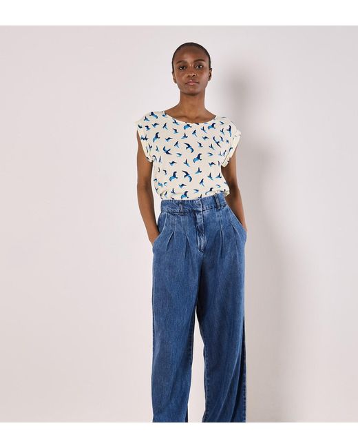 Apricot Blue Bird Print Graphic Woven T-Shirt