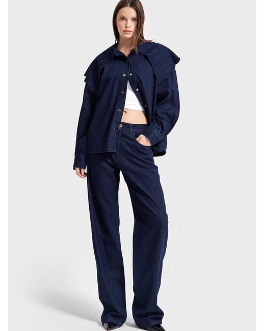 its basic Blue Its Basic Oversizeshirt Oversized Rhinestone Denim Shirt