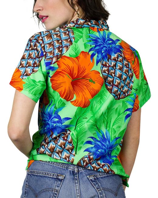 King Kameha Green Bluse Pineapple Hibiscus Shadow Line