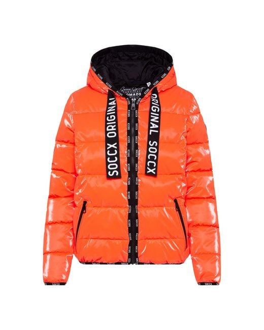 SOCCX Orange Glänzende Steppjacke Mit Kapuze Und Logo-Bändern