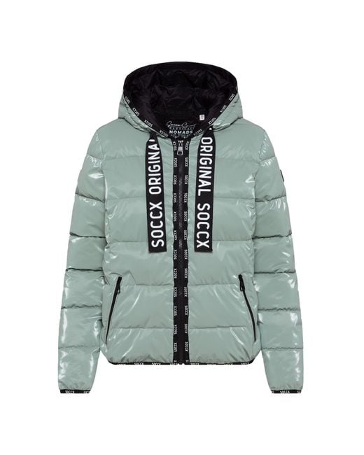SOCCX Green Glänzende Steppjacke Mit Kapuze Und Logo-Bändern
