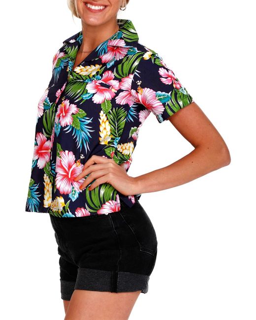 King Kameha Blue Bluse Hibiscus New
