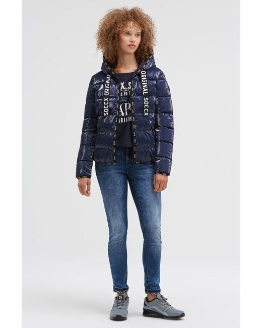 SOCCX Blue Glänzende Steppjacke Mit Kapuze Und Logo-Bändern