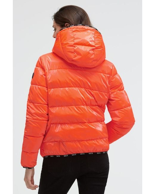 SOCCX Orange Glänzende Steppjacke Mit Kapuze Und Logo-Bändern