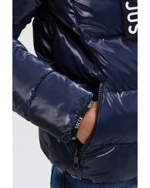 SOCCX Blue Glänzende Steppjacke Mit Kapuze Und Logo-Bändern