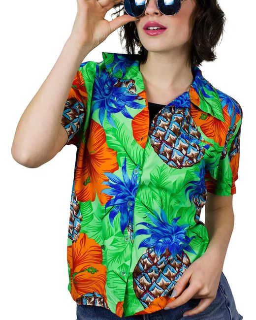 King Kameha Green Bluse Pineapple Hibiscus Shadow Line