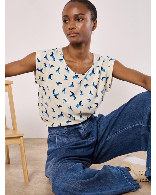 Apricot Blue Bird Print Graphic Woven T-Shirt
