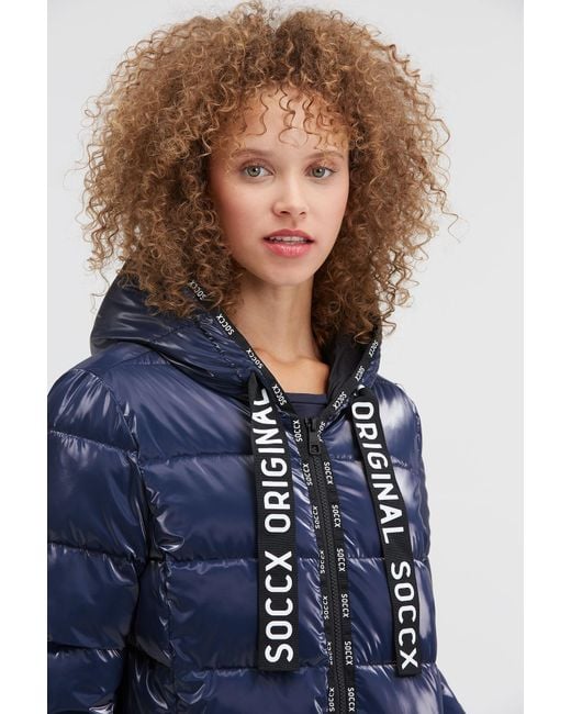 SOCCX Blue Glänzende Steppjacke Mit Kapuze Und Logo-Bändern