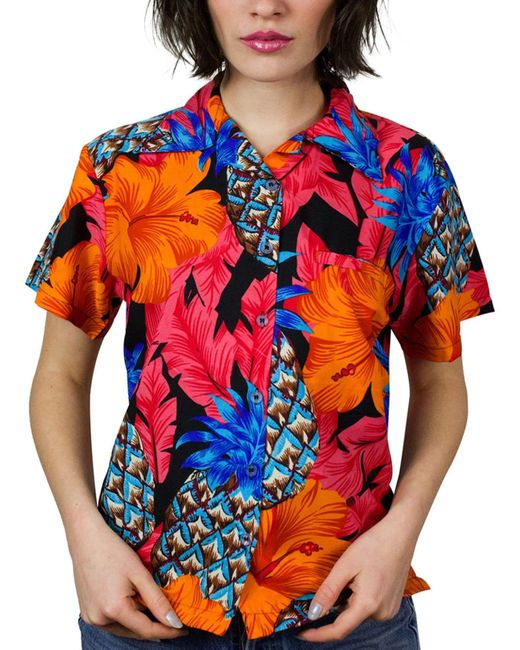 King Kameha Orange Bluse Pineapple Hibiscus Line