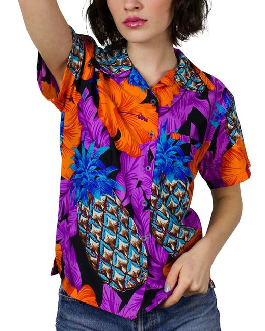 King Kameha Red Bluse Pineapple Hibiscus Line
