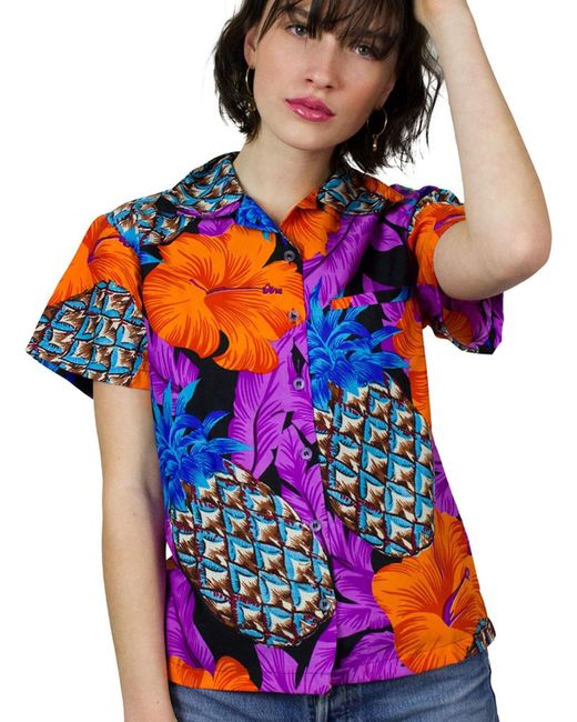 King Kameha Red Bluse Pineapple Hibiscus Line