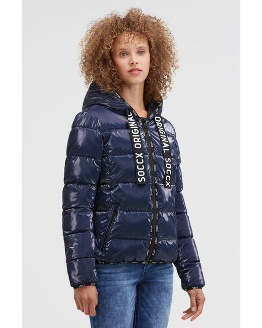 SOCCX Blue Glänzende Steppjacke Mit Kapuze Und Logo-Bändern