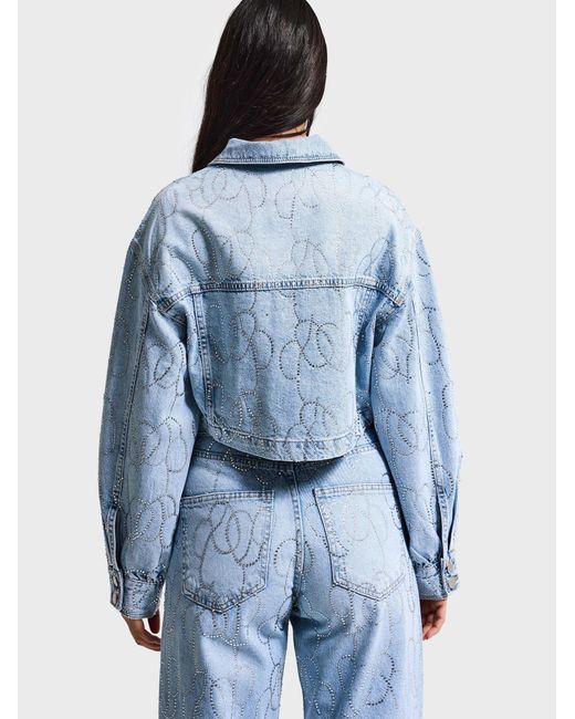 its basic Blue Its Basic Weste Rhinestone Cropped Denim Jacket