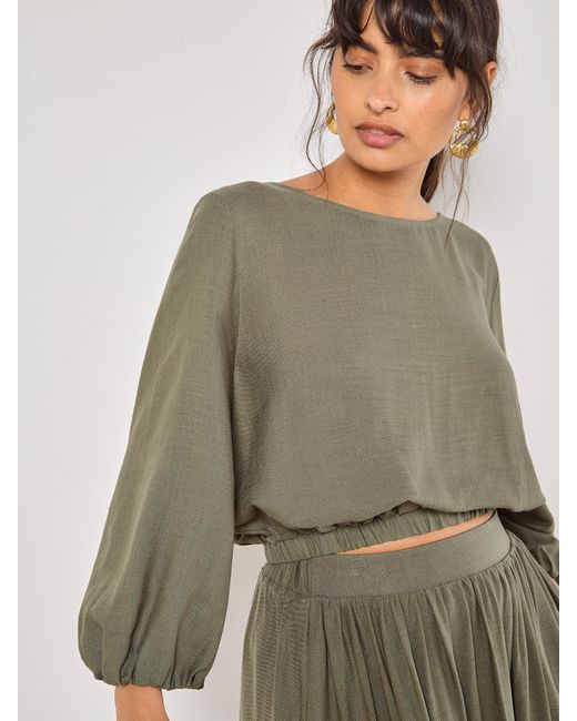Apricot Green Linen Blend Bubble Hem Crop Top