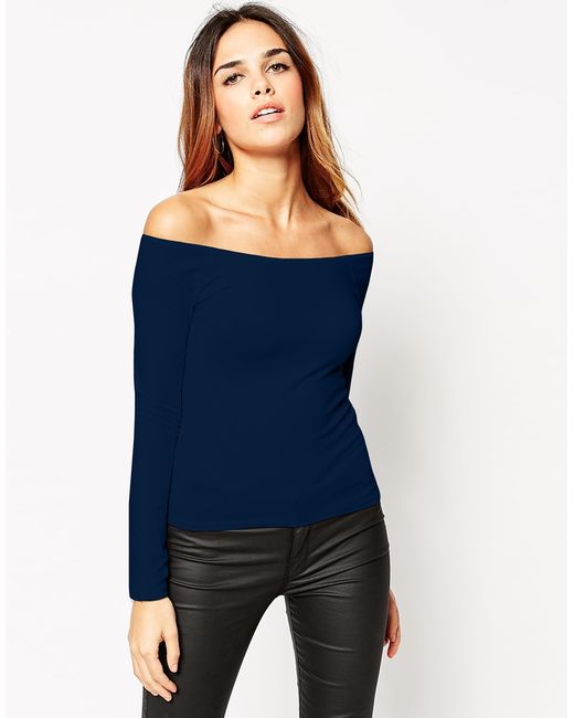 Asos The Off Shoulder Top With Long Sleeves in Blue (Navy) | Lyst