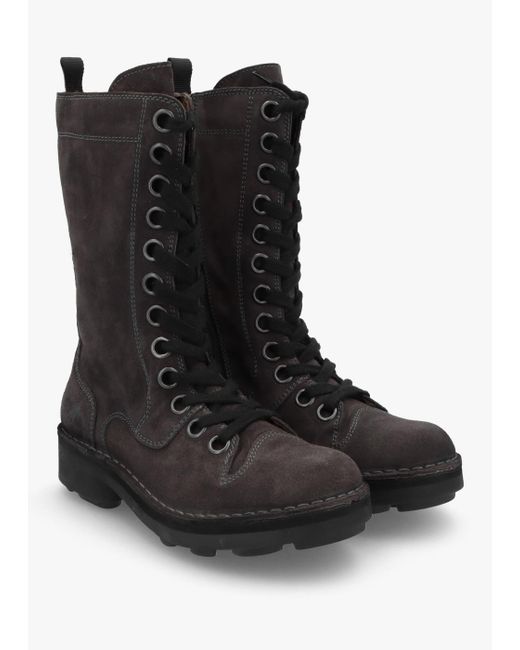 Fly London Black Suede Lace-Up Calf Boots