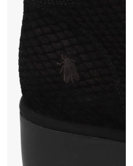 Fly London Black Baaz Suede Front Zip Wedge Ankle Boots