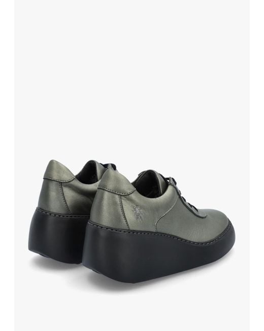 Fly London Green Dipo Graphite Leather Wedge Trainers