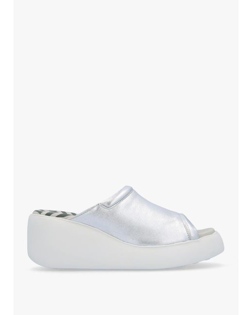 Fly London White Doli Leather Wedge Mules , Metalic