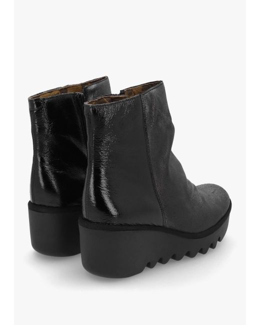 Fly London Black Baan Leather Wedge Ankle Boots