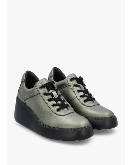Fly London Green Dipo Graphite Leather Wedge Trainers