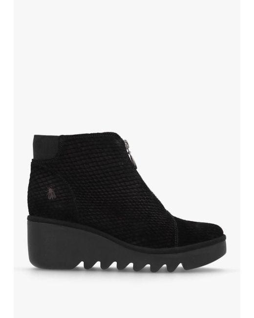 Fly London Black Baaz Suede Front Zip Wedge Ankle Boots