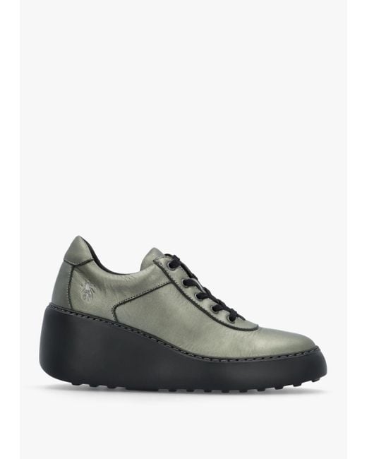 Fly London Green Dipo Graphite Leather Wedge Trainers
