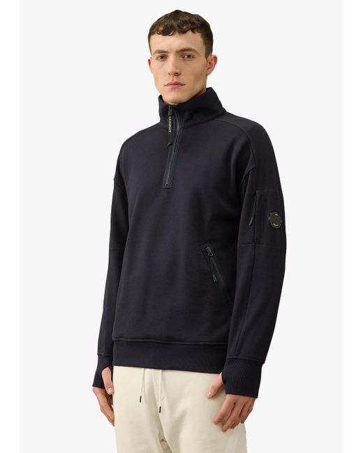 C P Company Blue Diagonal Raised Fleece Quarter Zip Sweatshirt for men