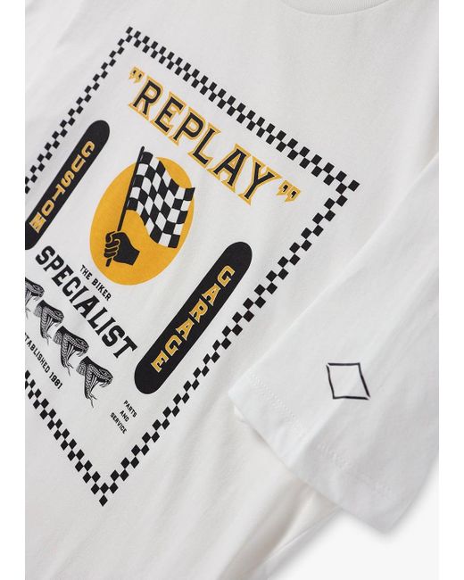 Replay White Biker Print T-Shirt No Thema for men