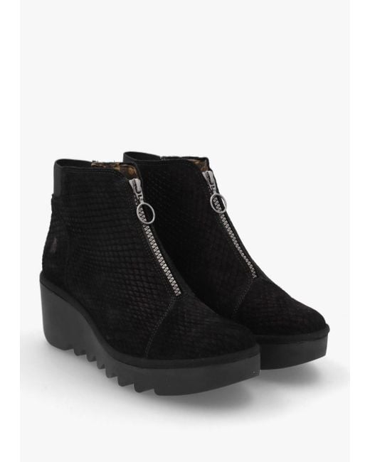 Fly London Black Baaz Suede Front Zip Wedge Ankle Boots