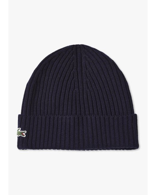 Lacoste Blue Ribbed Knit Beanie Hat for men