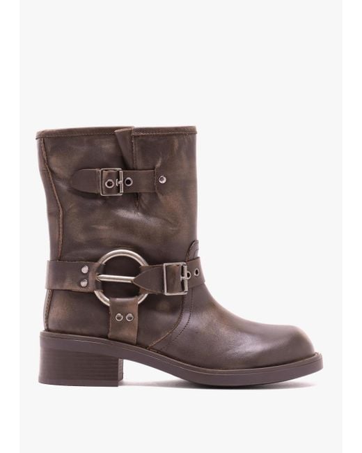 Daniel Brown Ibike Distressed Leather Chunky Biker Boots