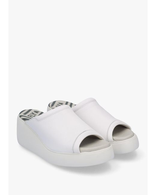 Fly London White Doli Leather Wedge Mules , Leather