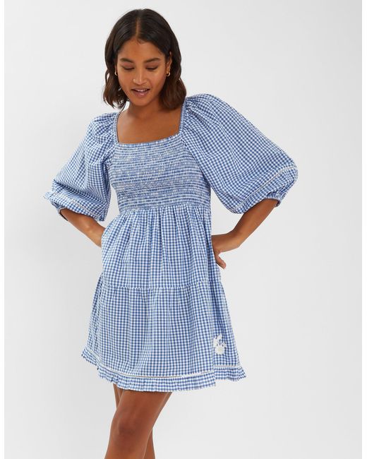 Accessorize Blue Cotton Puff-Sleeve Gingham Mini Dress
