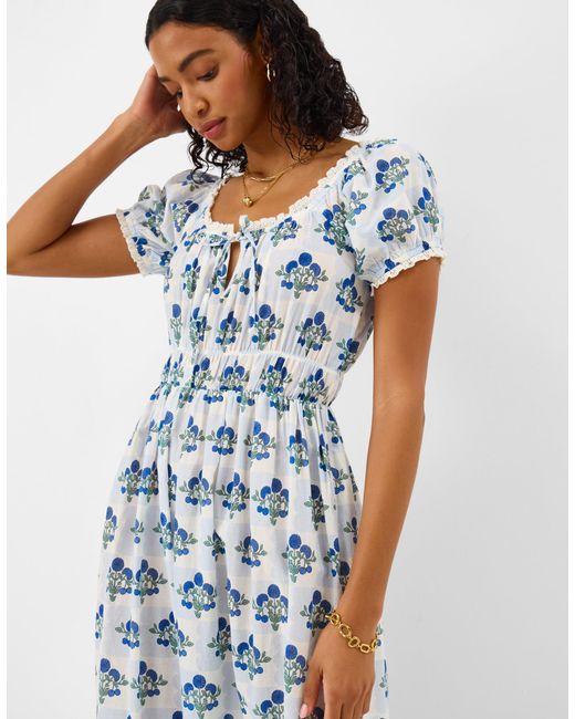 Accessorize Blue Floral Print Puff Sleeve Midi Dress