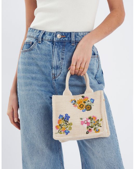 Accessorize Blue Mini Floral Embroidered Woven Handbag