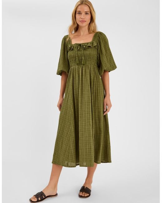 Accessorize Green Checked Cotton Puff Sleeve Smocked Midi Dress