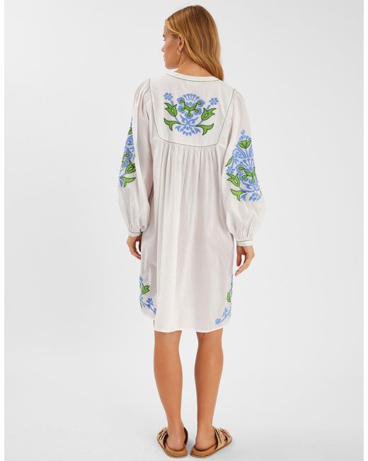 Accessorize White Embroidered Long Sleeve Cotton Smock Dress