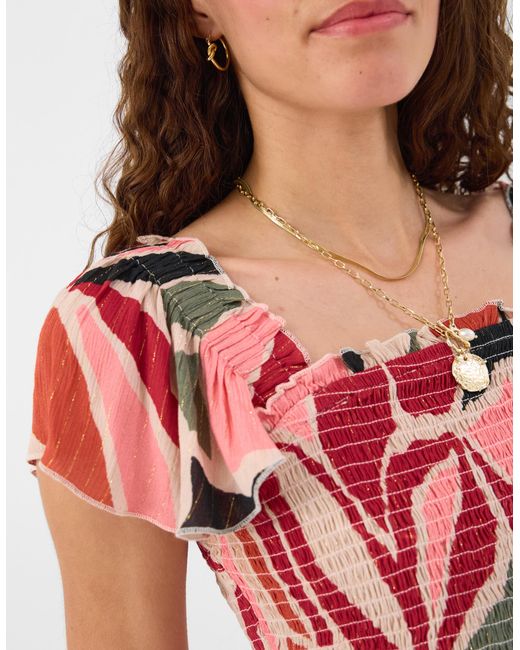 Accessorize Red Abstract Print Smocked Crop Top
