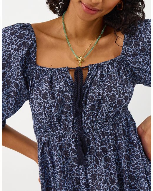 Accessorize Blue Mini Print Puff Cotton Floral Sleeve Dress