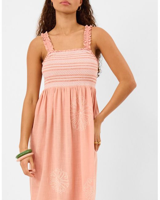 Accessorize Pink Cotton Floral Embroidered Smocked Midi Dress
