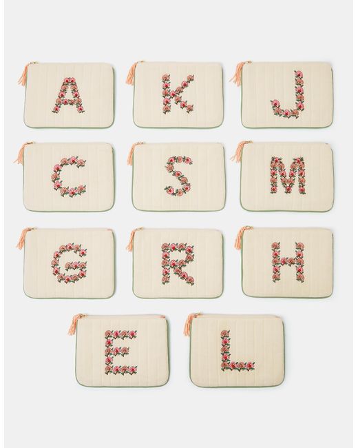 Accessorize Natural Embroidered Initial Quilted Pouch