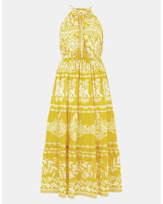 Accessorize Yellow Cotton Floral Print Halter Neck Midi Dress