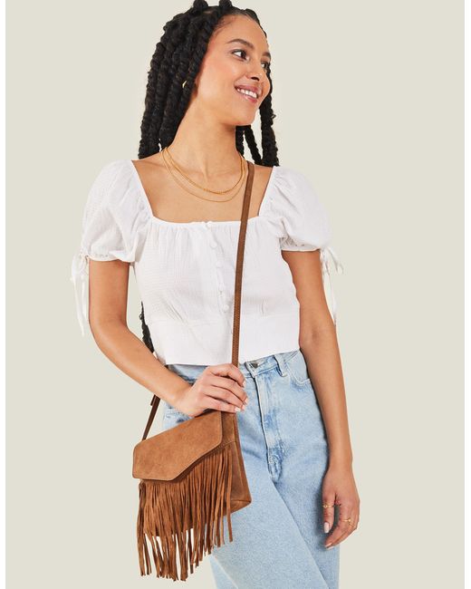 Accessorize Natural Women's Leather Fringe Cross-body Bag Tan