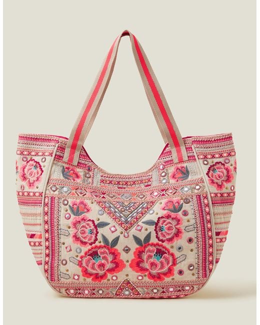 Accessorize Pink Red Embroidered Floral Tote Bag