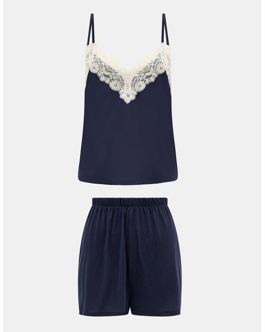 Accessorize Blue Sleeveless V-Neck Lace Trim Short Pyjamas Set